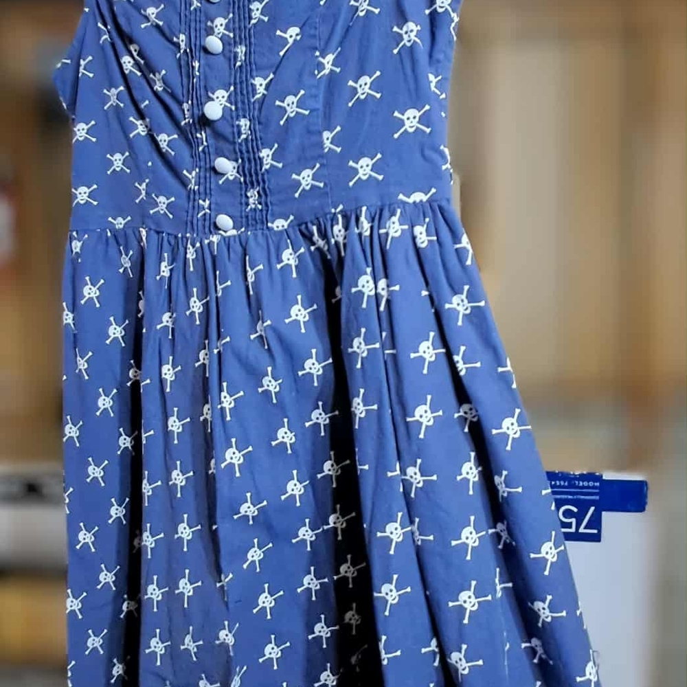 Blue Dress with White Skull Pattern